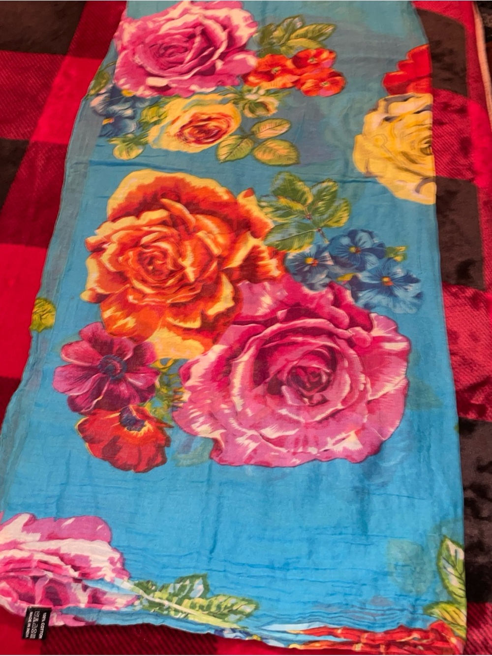 Bright Blue Floral Women's Scarf - Vibrant Rose Print